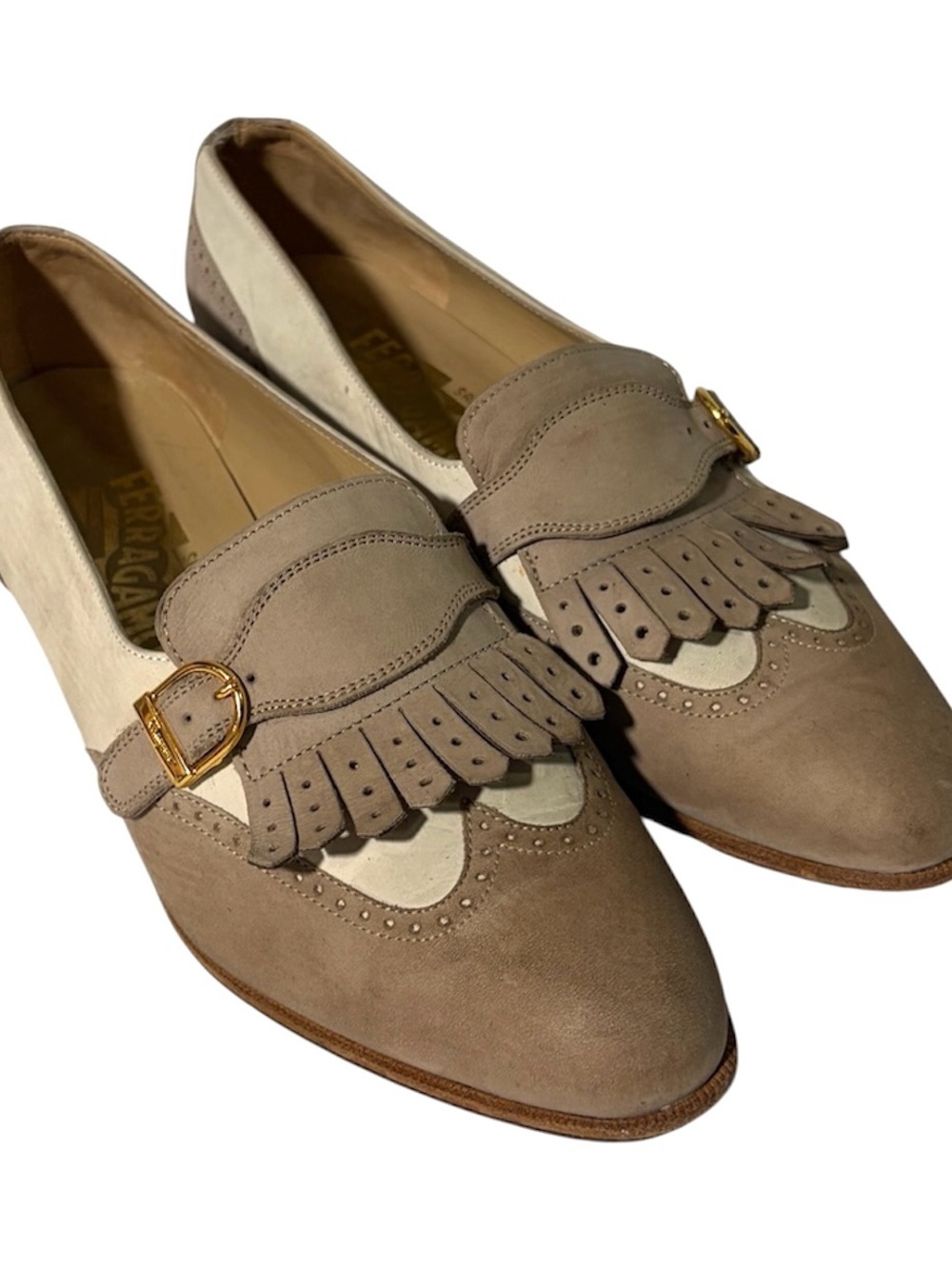 Salvatore Ferragamo Taupe and Cream Suede Kiltie Loafers with Gold Buckle